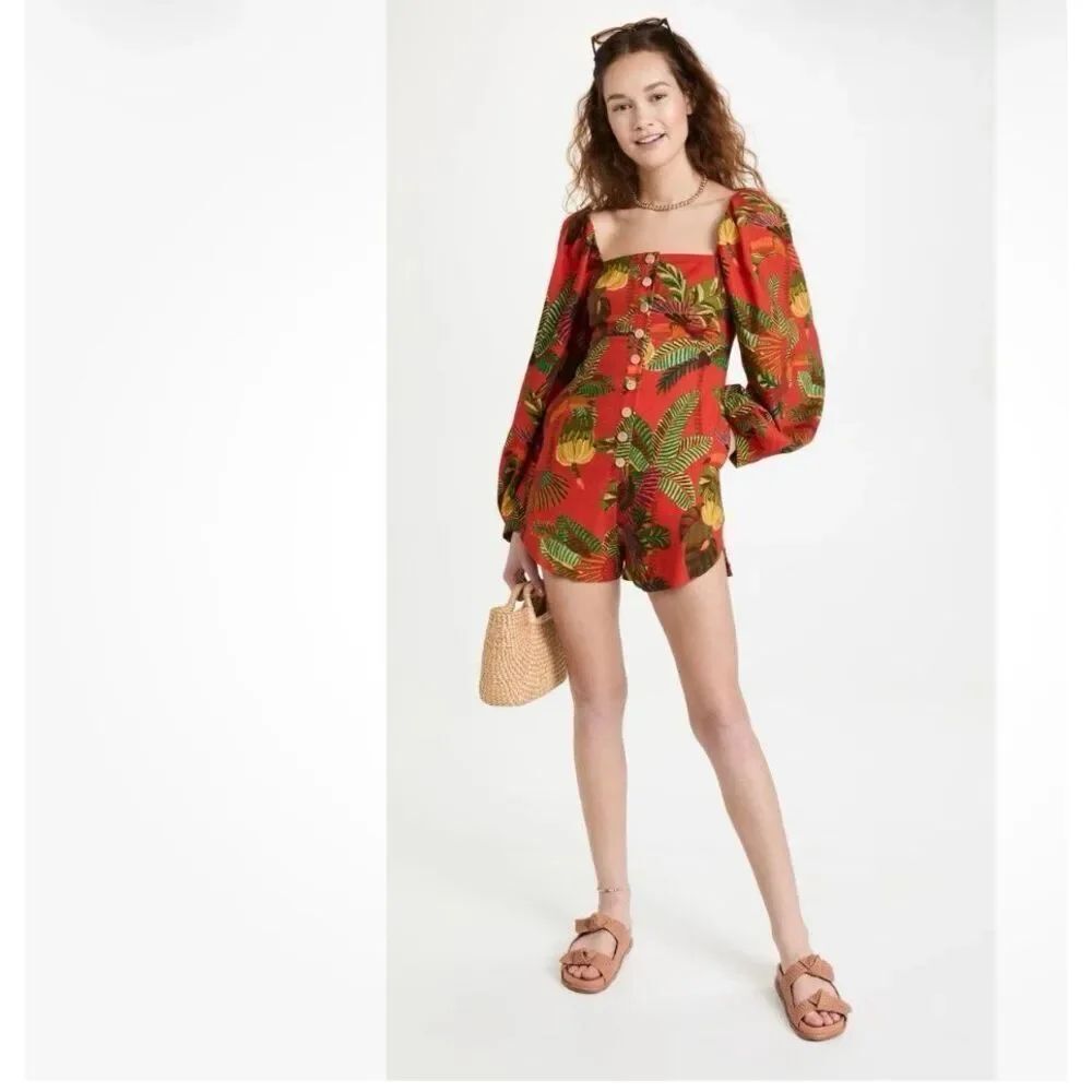 Farm Rio Forest Birds linen blend romper XS